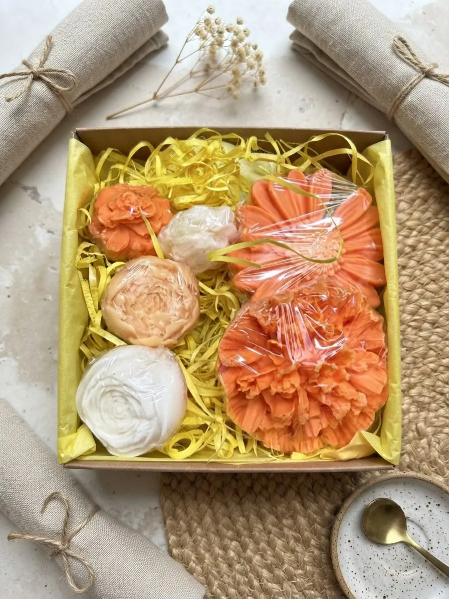 Box de regalo con jabones con forma de flor